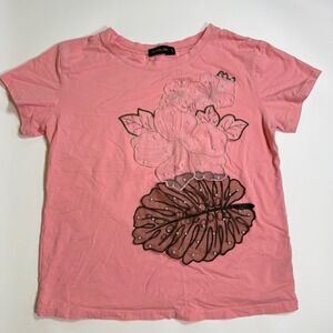 Denimland T-Shirt Womens Large Pink Good Floral Monstera Pearl Embroidered Tee